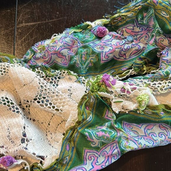Hand Crafted head scarf hat band antique silk lace embroidered Multi floral main image 9